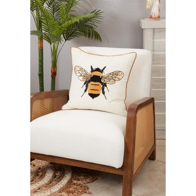 Beige Embroidered Bumble Bee Square Throw Pillow