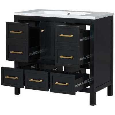 NicBex 36" Bathroom Storage Cabinet with Sink, Bathroom Vanity, 5 Spacious Drawers and 1 Soft-closing Cabinet Door for Bathroom