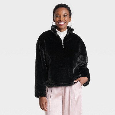 Women's Solid Ultra Soft Fleece Faux Fur Leather Trim Zip up
