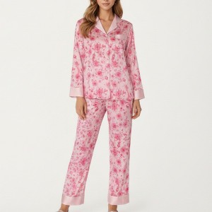 Anna-Kaci Lounge Women's 2-Piece Set Floral Satin Button Front Pajama Top with Contrast Cuffs and Matching Relaxed Fit Lounge Pants - 1 of 4