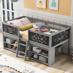 Gray Twin Low Loft Bed with Movable Shelves, Ladder & Chalkboard - 1 of 3