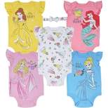 Disney Princess Ariel Belle Cinderella Rapunzel Tiana Snow White Aurora Baby Girls 5 Pack Bodysuits Newborn to Infant