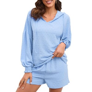 Womens 2 Piece Sets Hoodie Shirts with Shorts Shirred Cuff Blouse with Drawstring Shorts Solid Lounge Sets for Womens - Blue,L - 1 of 4