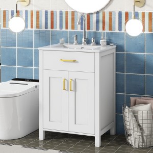 Kumasinova 24" Bathroom Vanity,Vanity with Ceramic Sink,2 Soft-Close Doors,Adjustable Shelf,3 Metal Handles,Space-Saving Freestanding Vanity - 1 of 4