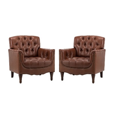 Set of 2 Enrique Genuine  Leather Armchair with Turned Legs | ARTFUL LIVING DESIGN