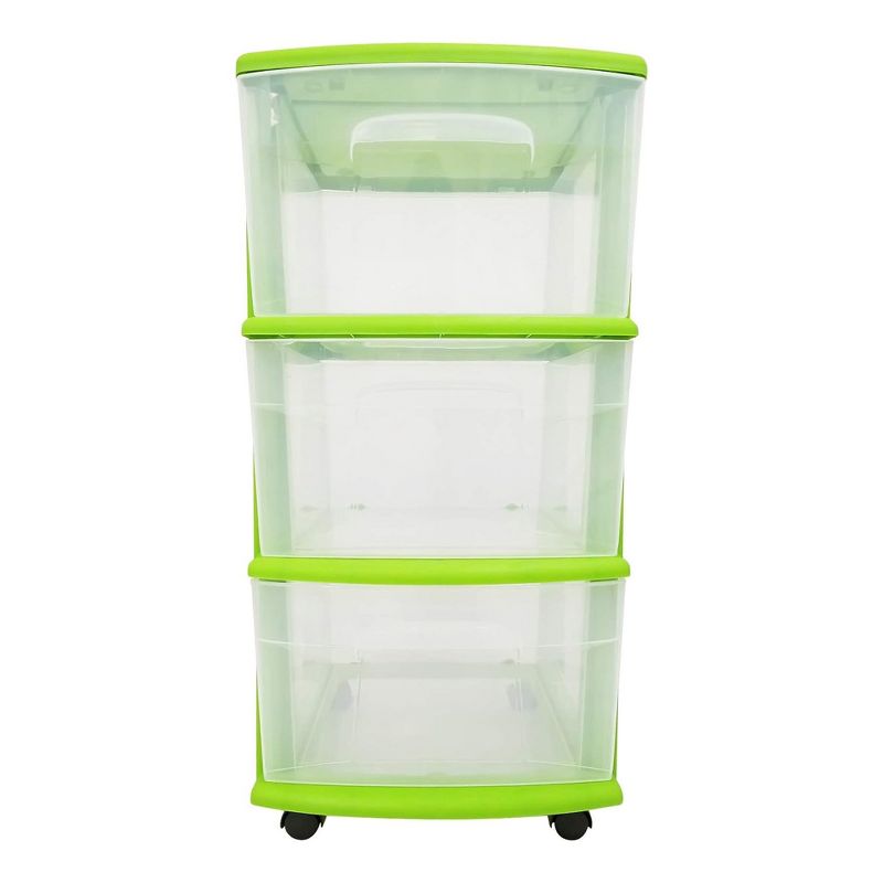 Homz Clear Plastic 3-Drawer Medium Home Organization Storage Container Tower w/3 Large Drawers and Removeable Caster Wheels, Lime Green Frame (2 Pack), 3 of 7
