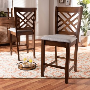 Set of 2 Caron Fabric Upholstered Wood Counter Height Pub Chair Set Gray/Walnut - Baxton Studio - 1 of 4