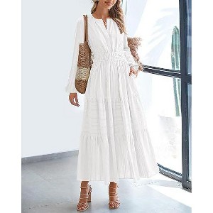 Coolmee Women's Dresses Casual Long Sleeve V Neck Elastic Waist Wedding Guest Maxi Dress - 1 of 4