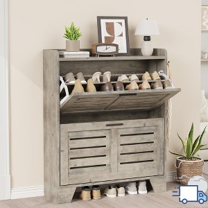 Jojoka Slim Entryway Shoe Cabinet – 2 Flip-Drawer Organizer with Adjustable Shelves & Hooks, Farmhouse Style - 1 of 4
