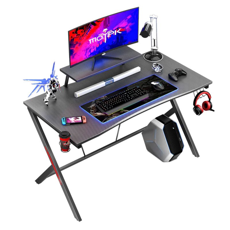 MOTPK Carbon Fiber Computer Gaming Desk with Raised Monitor Shelf, Built In Cup Holder, Headphone Hook, and Sturdy Y-Shaped Metal Frame, 1 of 7