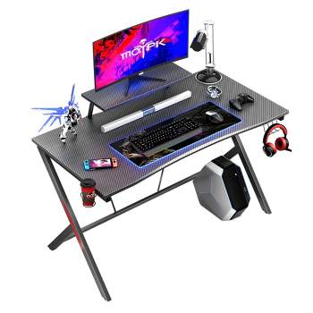 MOTPK Carbon Fiber Computer Gaming Desk with Raised Monitor Shelf, Built In Cup Holder, Headphone Hook, and Sturdy Y-Shaped Metal Frame