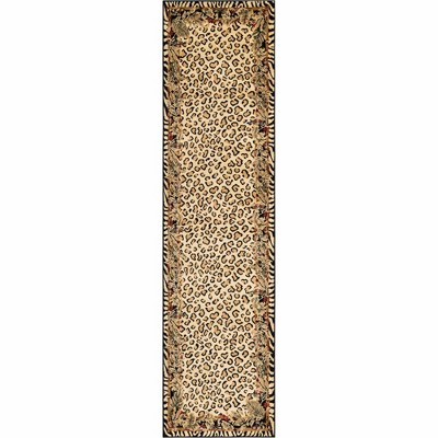 Ivory and Black Leopard Print Runner Rug with Botanical Border