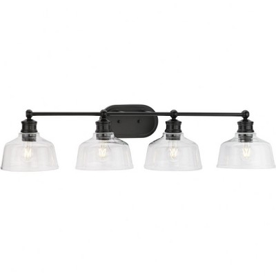 Progress Lighting Singleton 4-Light Vanity Fixture, Steel, Matte Black, Clear Glass, Vintage Design, Damp Rated