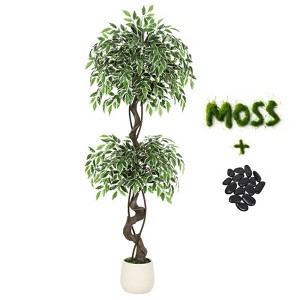 Artificial Banyan Tree, 4 ft Faux Floor Tree, White Faux Ceramic Pot with Pebbles and Green Fake Moss, Suitable for Indoor and Outdoor Decoration - 1 of 4