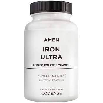 Amen Iron Ultra Supplement + Copper, Folate, Vitamin C & B12, Ferrous Sulfate 65mg Iron Pills - 60ct