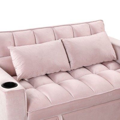 Pink Velvet Convertible Sofa Bed with USB Port and Cup Holders