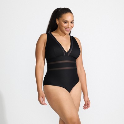 Lands' End Women's Mesh Plunge High Leg One Piece Swimsuit