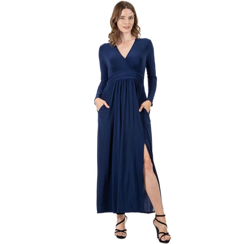 24seven Comfort Apparel Womens Long Sleeve V Neck Side Slit Maxi Dress, 1 of 5