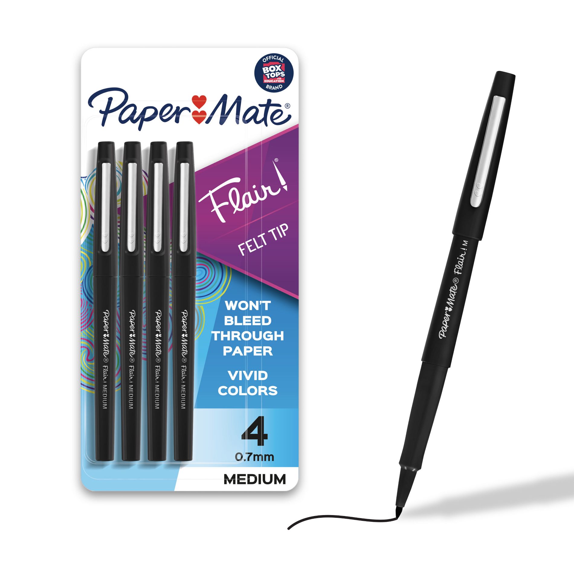 Paper Mate Flair 4pk Marker Pens Felt Tip 0.7mm Black: Porous Point, Medium, Fade-Resistant, Durable, Office & Art Use