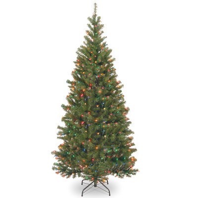 National Tree Company Pre-Lit Artificial Slim Christmas Tree, Green, Aspen Spruce, Multicolor Lights, Includes Stand, 7 Feet