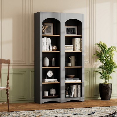 Set of 2 Farmhouse Kitchen Pantry Cabinet,Bookshelves with Adjustable Shelves,72" 5-Tier Arched Display Cabinet for Living Room-Baofuwish