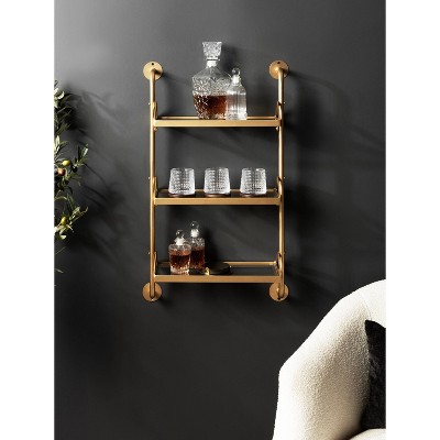Gold Metal Three-Tier Floating Wall Shelf with Glass