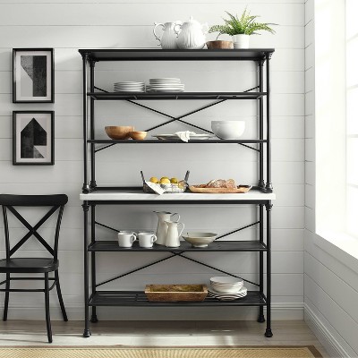 Elegant French Industrial Inspired Matte Black Baker's Rack with Faux Marble Top
