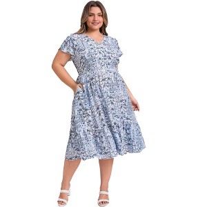 GRACE & GRANDEUR Women's Plus Size Floral Print Button Decor V Neck Flowy Maxi A Line Dresses with Pockets - 1 of 4