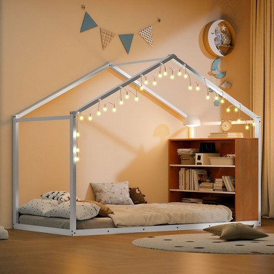 CAVINAS Twin/Full Size House Bed Frame with Shelves & Lights,Metal Floor Bed for Kids Room,Bedroom