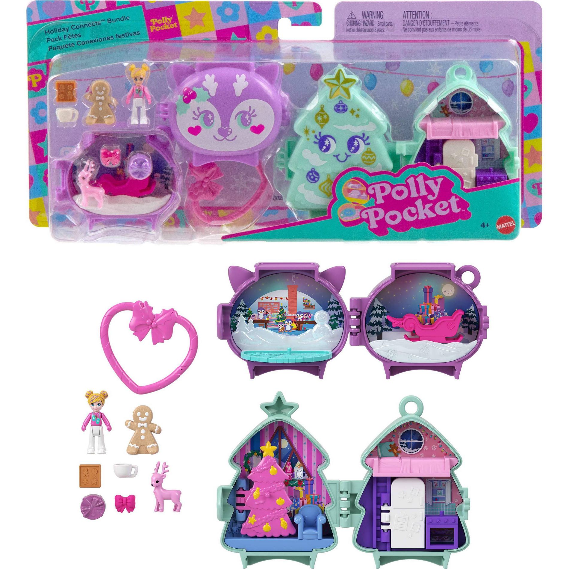 Polly Pocket Holiday Connects Bundle, Stackable Compact Playset with Micro Doll Accessories, & Pet