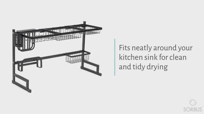 Silver Steel Over-The-Sink Dish Drying Rack with Utensil Cup