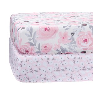 Bedtime Originals Floral Pink/Gray 2-Pack Fitted Crib/Toddler Sheet Set- Flower - 1 of 4