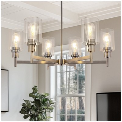 YANSUN 6-Light Black Farmhouse Chandelier with Adjustable Height Industrial Clear Glass Pendants perfect for Dining Room