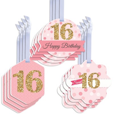 Big Dot of Happiness Sweet 16 - Assorted Hanging 16th Birthday Party Favor Tags - Gift Tag Toppers - Set of 12