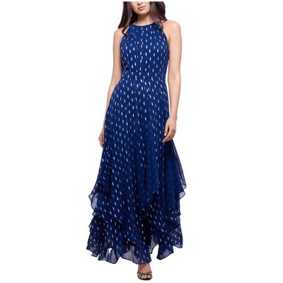 Betsy & Adam Womens Chiffon Metallic Print Gown Dress, Blue, 12
