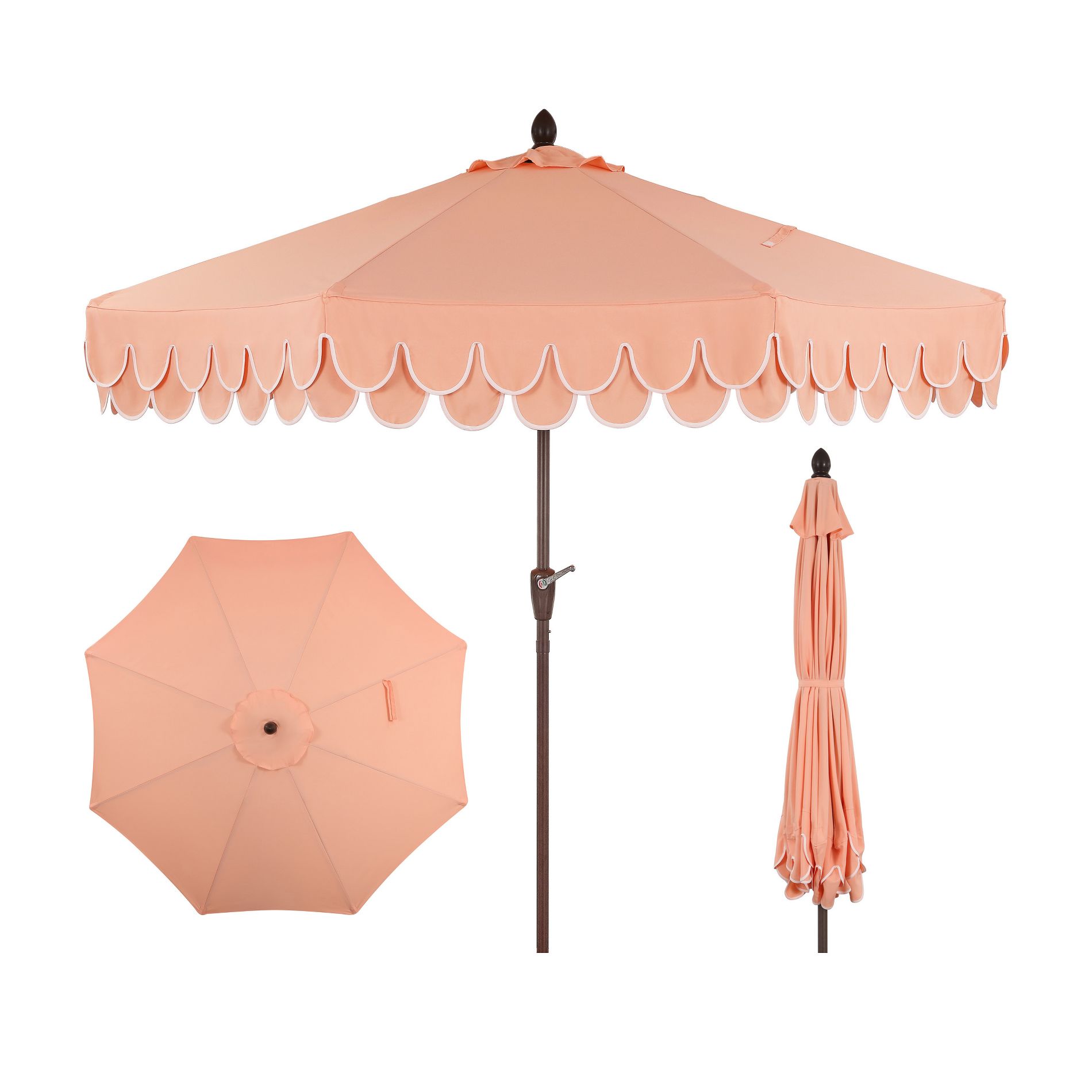 JONATHAN Y Tracy 9 ft. Classic MidCentury Scalloped Fringe Market Patio Umbrella with Auto-Tilt, Crank, Wind Vent and UV Protection