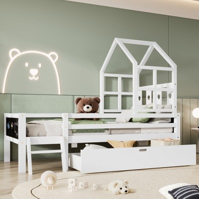 Twin/Full Size Loft Bed, House-Shaped Kid`s Bed Frame with Ladder, Blackboard and Storage Drawers, White -ModernLuxe