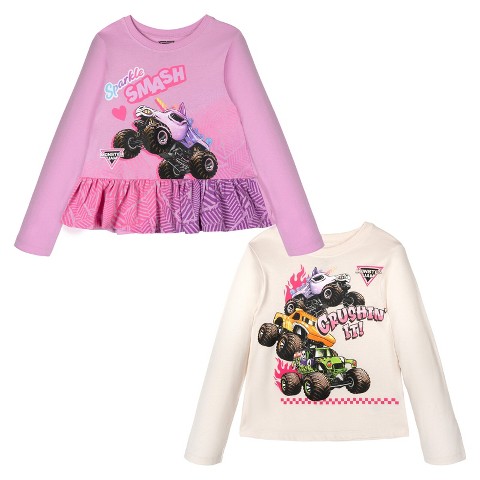 Monster Jam Grave Digger El Toro Loco Sparkle Smash Little Girls 2 Pack Peplum Long Sleeve T-Shirts Beige / Lilac Pink 7-8