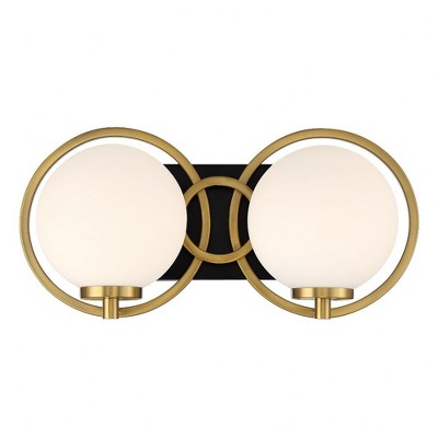 Matte Black and Warm Brass 2-Light Vanity with Frosted Glass Shades