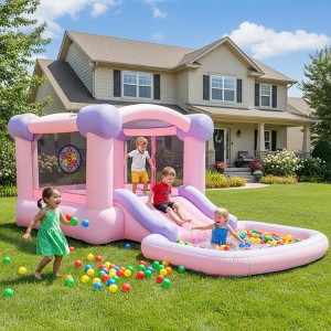 KRISRATE Bounce House with Ball Pit&50 Plastic Balls-161x82x63'' Pink Macaron Inflatable Bouncy Castle with Blower,Basketball Hoop for Indoor Outdoor - 1 of 4