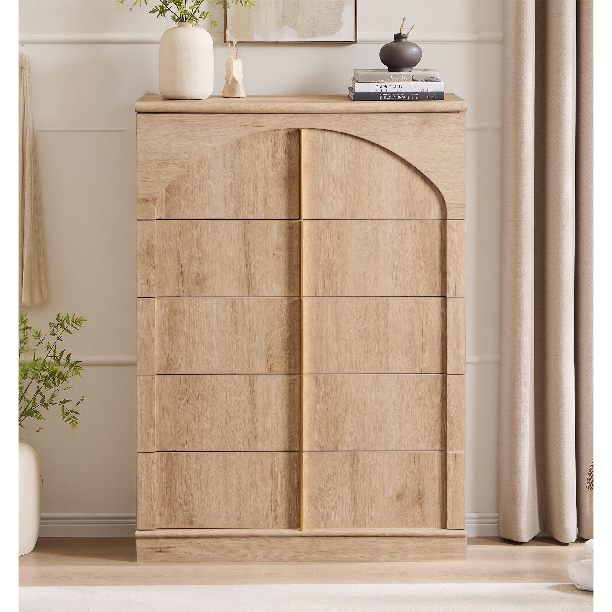 5 Drawer Dresser, 44" Tall Dressers & Chests of Drawers Arched Panel Design, Wood Modern Vertical Dresser Natural Texture for Bedroom, Natural Oak