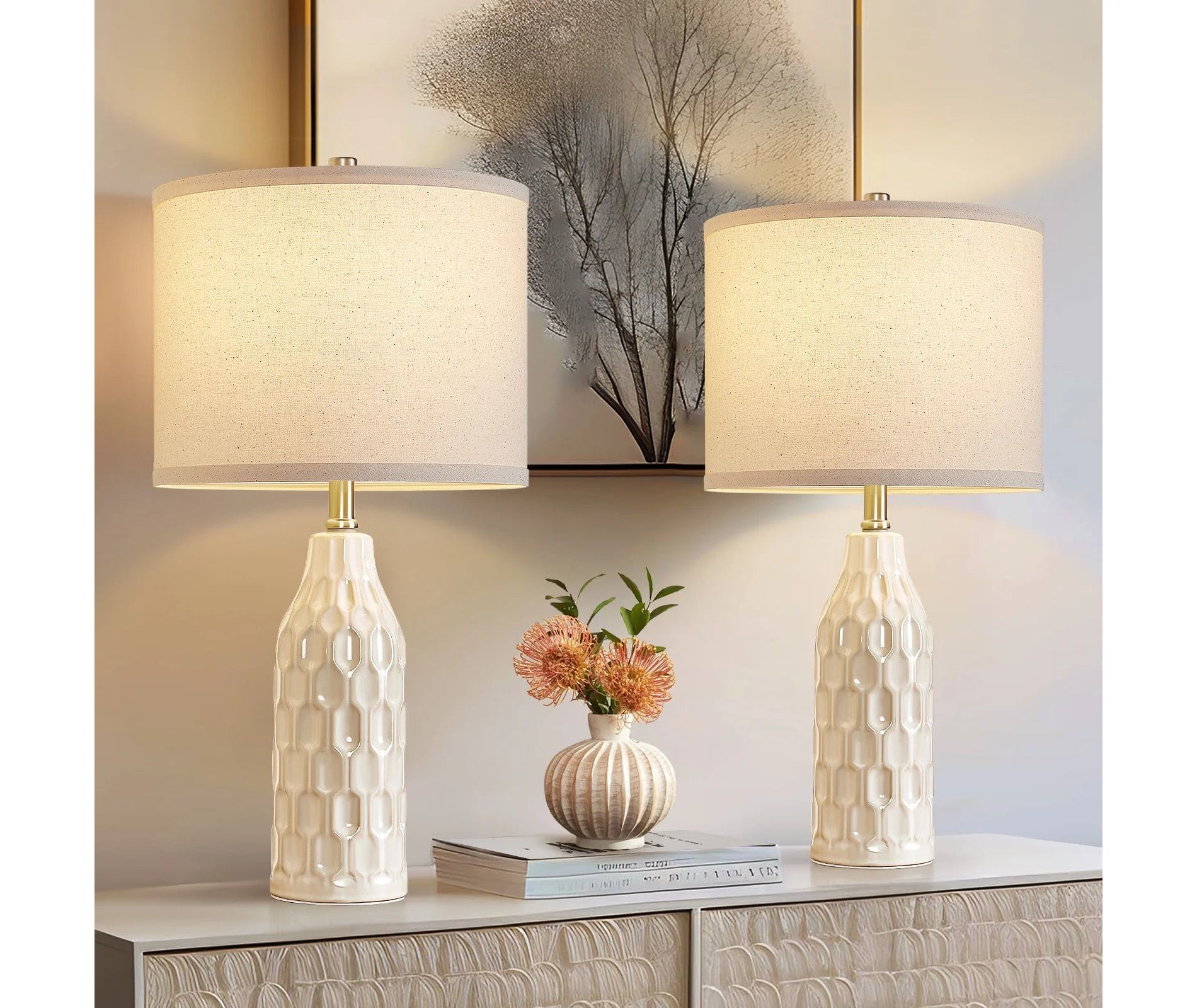 GTCLIGHTING 24.8" Ceramic Table Lamps Set of 2 - 3 Color Temperature Bedside Lamps for Living Room Bedroom Home Office Table Decor, White