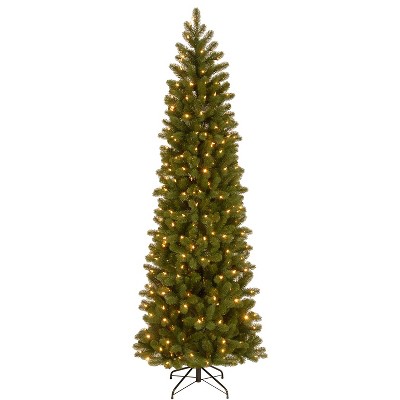 National Tree Company Feel Real 6.5' Artificial Prelit Pencil Douglas Fir Christmas Tree with 300 LED Dual Color Lights and Sturdy Metal Stand, Green