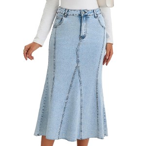 INSPIRE CHIC Women's Denim High Waisted Casual Flare Fishtail Maxi Skirts - 1 of 4