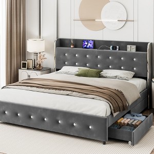 King - Full Size Diamond Tufted Bed with  Built-in Charging Station, 4 Fabric-Lined Drawers, Velcro Wood Slats, Silver Buckle Glam - 1 of 4