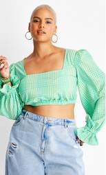 Women's Puff Long Sleeve Square Neck Plaid Crop Top - Future Collective™ with Alani Noelle Green