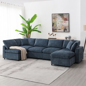 130" Chenille Modular Sectional Cloud Sofa with Ottoman and 2 Pillows, Free combination - 1 of 4