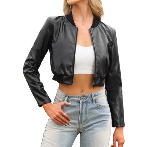 INSPIRE CHIC Women's Long Sleeve Crew Neck Faux Leather Casual Cropped Bomber Jacket Large Silver