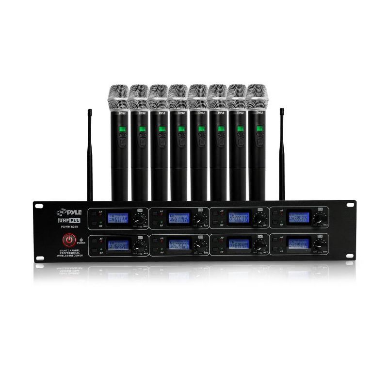 Pyle Professional 8 Channel UHF Wireless Microphone System 8 Handheld Mics  - Black, 1 of 2