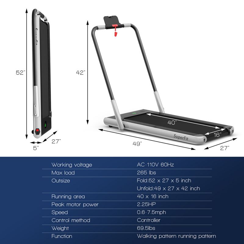 SuperFit 2.25HP 2 in 1 Foldable Under Desk Treadmill Remote Control, 3 of 11